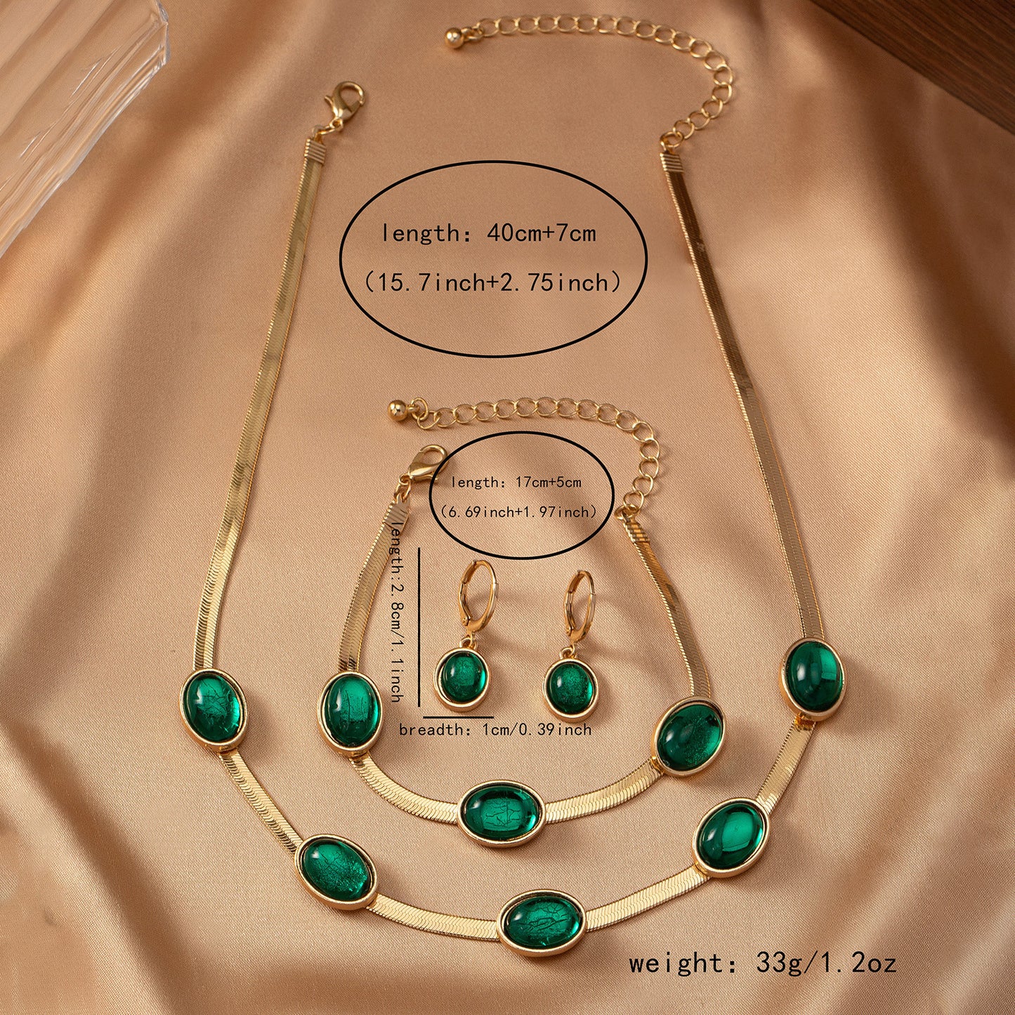 Emerald Elegance Jewelry Set – Gold-Tone Necklace, Bracelet & Earrings